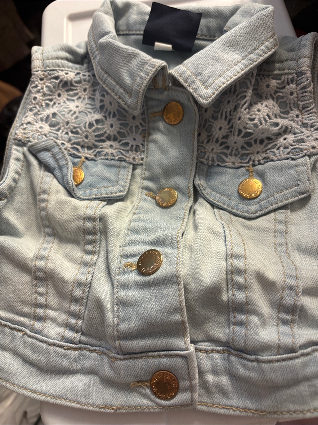 Oshkosh B'gosh Light Blue Denim Vest With Lace Yoke And Gold Buttons 18 Months